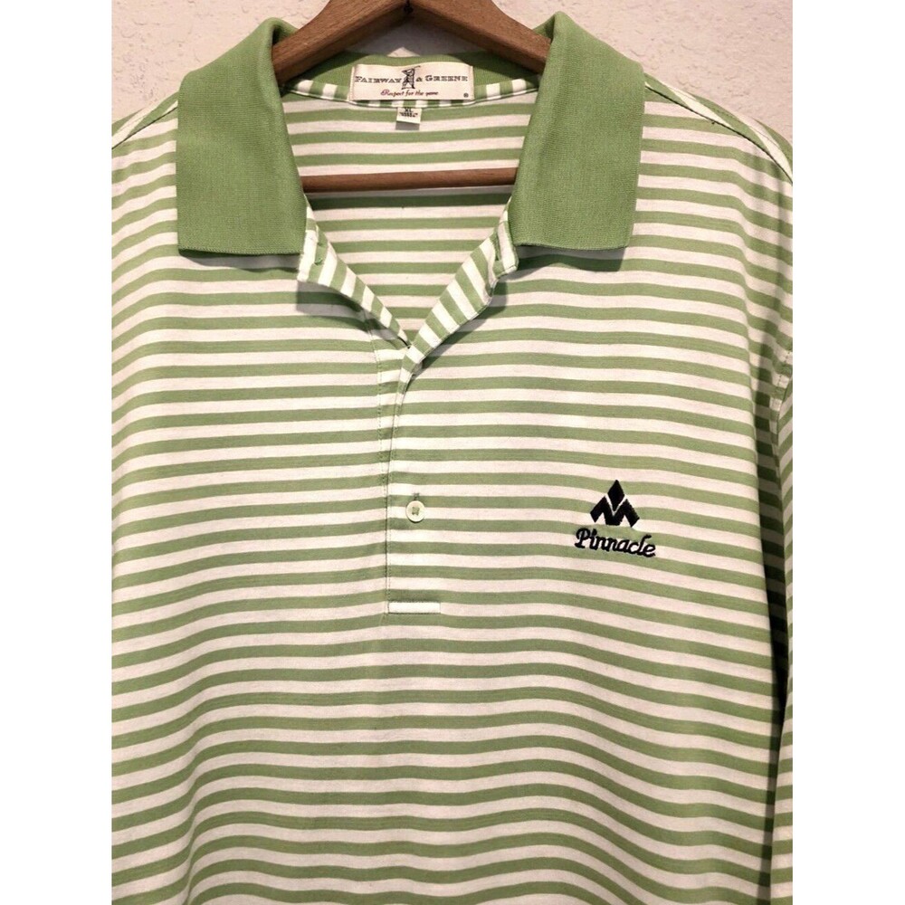 Fairway & Greene Striped Golf Polo Shirt Green White Pinnacle Logo Cotton SZ XL